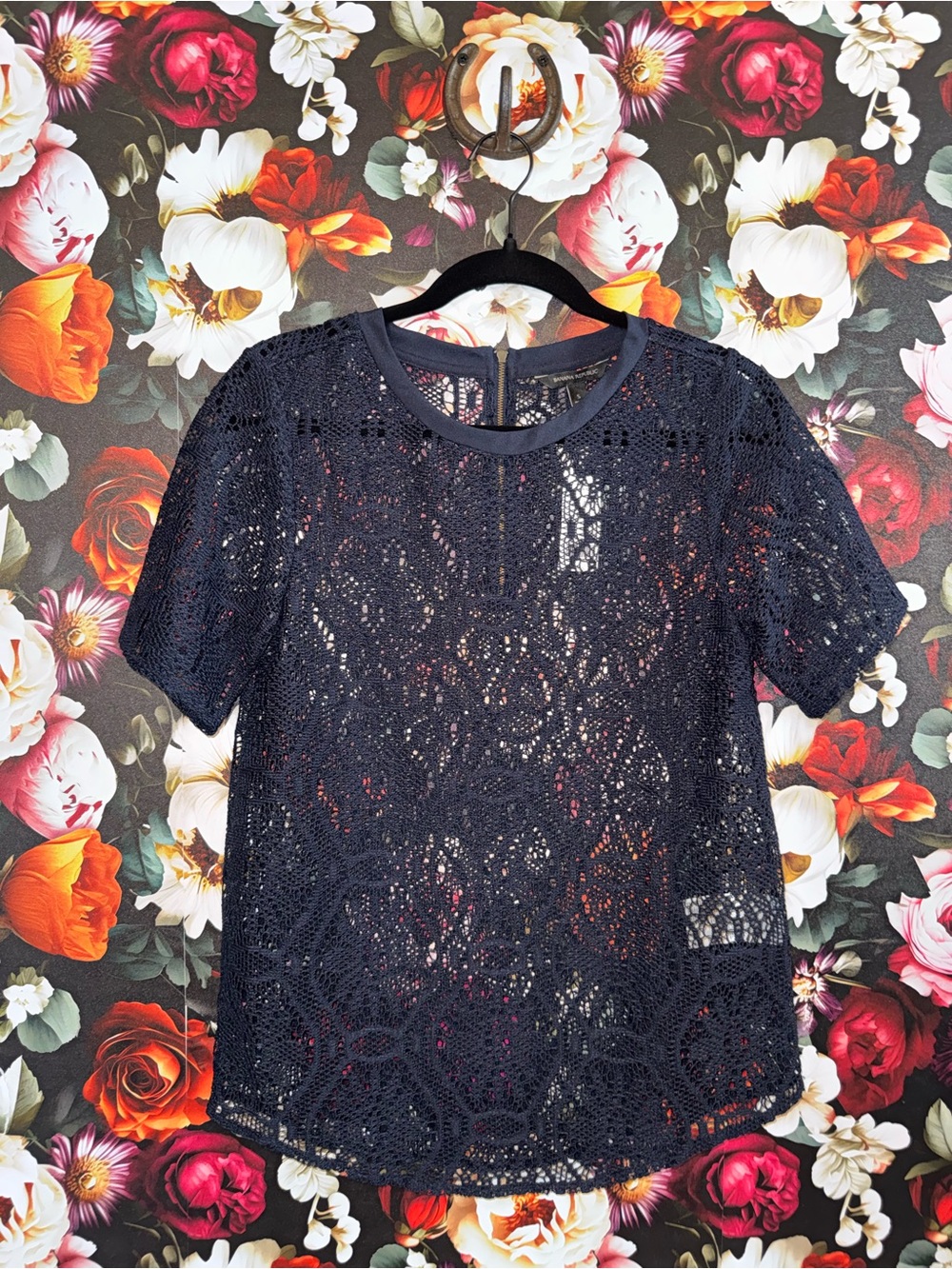 Banana Republic Navy Crochet Lace Short-Sleeve Top, Small
